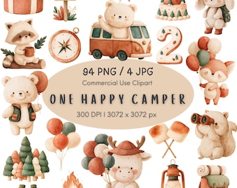 May include: A digital collection of watercolor illustrations featuring woodland animals, a camper van, a compass, balloons, a campfire, a lantern, a backpack, and trees with the text 94 PNG / 4 JPG Commercial Use Clipart ONE HAPPY CAMPER.