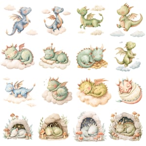 Dragon Clipart PNG, Baby Dragon Nursery Watercolor Fantasy, Baby Shower Birthday Bundle, Commercial Use Digital Download image 3