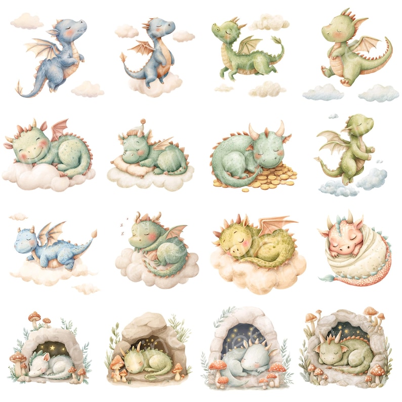 Dragon Clipart PNG, Baby Dragon Nursery Watercolor Fantasy, Baby Shower Birthday Bundle, Commercial Use Digital Download image 3