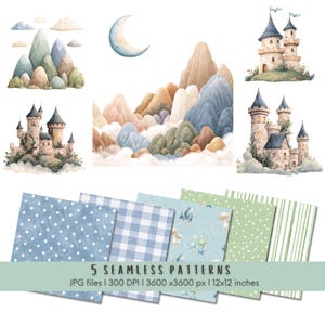 May include: Watercolor illustrations of castles, mountains, and a crescent moon. The image includes five seamless patterns in blue and green with polka dots, gingham, and floral designs. Text reads "5 SEAMLESS PATTERNS".