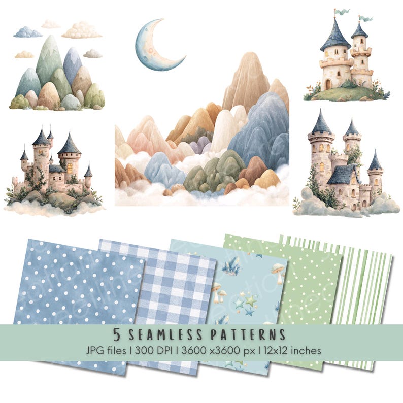 May include: Watercolor illustrations of castles, mountains, and a crescent moon. The image includes five seamless patterns in blue and green with polka dots, gingham, and floral designs. Text reads "5 SEAMLESS PATTERNS".
