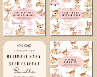 May include: A digital clipart bundle featuring watercolor illustrations of baby deer in various poses, with floral accents and pink color schemes. Includes text: "Pink Baby Deer Nursery & Arrival", "Sweet Fawn's First Birthday", and "Ultimate Baby Deer Clipart Bundle".