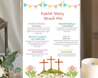 Paasverhaal snackmix afdrukbaar, christelijke activiteit voor kinderen, zondagsschool paasles, opstandingsverhaal food Craft, bijbelactiviteit