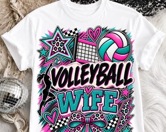 Volleyball Wife PNG: Teal Pink Grunge Collage Leopard Bow Sublimation