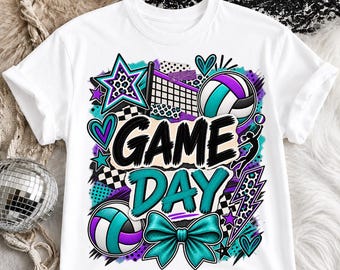 Game Day Volleyball PNG: Teal Purple Grunge Collage Coquette Bow Sublimation