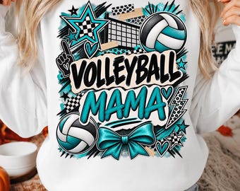 Volleyball Mama PNG: Teal Grunge Collage Coquette Bow Sports Sublimation