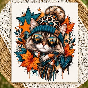 Peut inclure: Une impression sur toile rectangulaire représentant un chat tigré portant un bonnet à imprimé léopard avec un pompon, un bonnet bleu et une écharpe à carreaux. Le chat porte des lunettes de soleil reflétant un paysage de montagne. Des feuilles d'érable orange, des étoiles bleues et un cœur l'entourent.