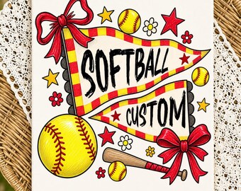 Custom Softball PNG: Personalized Team Name Red and Yellow Coquette Bow Pennant Doodle Sublimation Design
