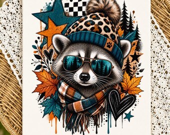 Cool Raccoon PNG: Fall Autumn Leaves Leopard Beanie Sunglasses Grunge Sublimation Design