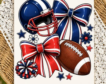 Coquette Football PNG: Red White Blue Helmet Bow Pom-Pom Sublimation