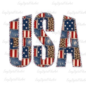 Peut inclure: Le mot "USA" dans un motif patchwork. Les lettres sont remplies de motifs du drapeau américain, de denim et d'imprimé léopard, sur fond blanc. Le texte "Easy Digital Files Art" est répété autour des lettres.