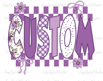 Personalized Name PNG, Custom Name Shirt Design Up To 12 Characters, Purple Coquette Floral Checkered Custom PNG
