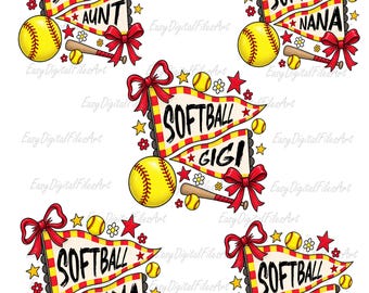 Softball Family Bundle 5 PNG: Red Coquette Bow Pennant Doodle Sublimation