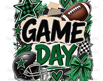 Game Day PNG: Green and Black Grunge Collage Plaid Star Coquette Sublimation Design