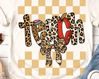 Teacher PNG, Leopard Teacher Shirt Design, Cute Teacher Bow PNG, Back to School Teacher PNG, Retro Checkered Teacher Sublimation