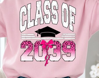 Class of 2039 PNG: Pink Leopard Coquette Bow Grow With Me Sublimation