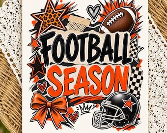 Football Season PNG: Orange and Black Grunge Collage Leopard Star Coquette Sublimation Design