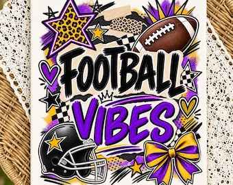 Football Vibes PNG: Purple and Gold Grunge Collage Leopard Star Coquette Sublimation Design