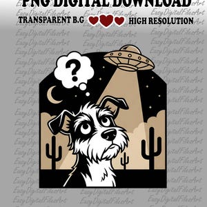 Peut inclure: Illustration d'un chien de dessin animé noir et blanc avec une bulle de pensée en forme de point d'interrogation, regardant un OVNI. L'image comprend le texte "PNG DIGITAL DOWNLOAD" et "TRANSPARENT B.G."