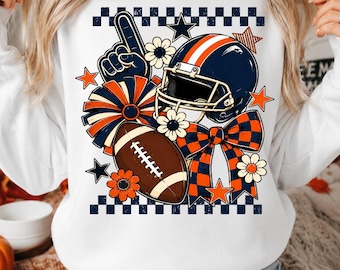 Navy Orange Football PNG: Coquette Bow Cheer Game Day Sublimation