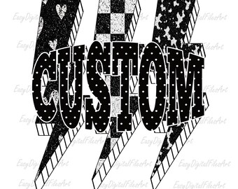 Custom Name PNG: Black White Lightning Bolt Retro Cow Print Sublimation