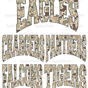 Paquete PNG de nombre de equipo con mascota de camuflaje: Letras Arch College para sublimación del día del partido