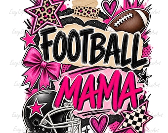 Football Mama PNG: Hot Pink and Black Grunge Collage Leopard Star Coquette Sublimation Design