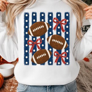 Football Pattern PNG: Preppy Navy Blue Polka Dot Red Bow Coquette Sublimation Design