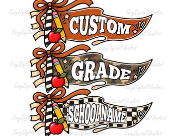 Custom School Pennant PNG: Personalized Name Grade Coquette Bow Sublimation