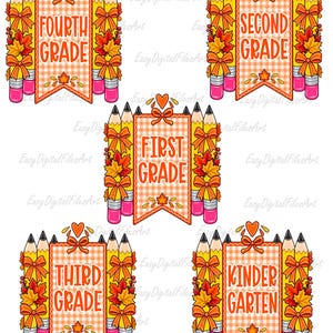 Peut inclure: Un ensemble de cinq illustrations numériques présentant des bannières à carreaux orange avec le texte Fourth Grade, Second Grade, First Grade, Third Grade et Kindergarten. Chaque bannière est entourée de crayons jaunes, de nœuds orange et de feuilles d'érable.