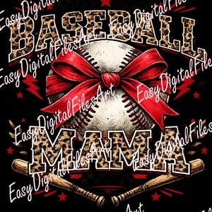 Könnte beinhalten: Digitales Design mit Baseball und roter Schleife. Die Wörter "BASEBALL" und "MAMA" sind im Leopardenmuster gedruckt. Zwei Baseballschläger unten, rote Sterne und Blitze auf schwarzem Hintergrund. Baseball-Thema.