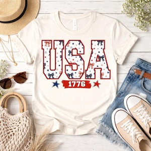 USA 1776 png, Patriotic Bow Shirt Design, Fourth of July Sublimation, Coquette America PNG, Retro USA Independence Day Design