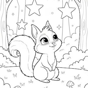 May include: A black and white illustration of a cartoon squirrel looking upwards, surrounded by stars and trees. The squirrel has a fluffy tail and is sitting on the grass with mushrooms.