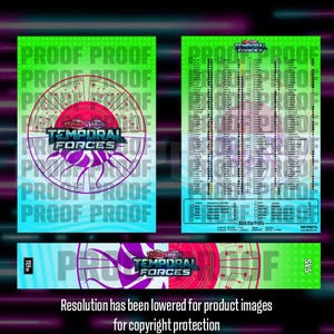 May include: A promotional product featuring the "Scarlet & Violet Temporal Forces" design. The design includes the text "PROOF" repeated across a gradient background of green, blue, and purple. The product also includes the text "Black Star Promo".