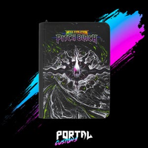May include: A black rectangular trading card binder featuring the text Mega Evolution Pitch Black at the top. The cover displays a central white and purple stylized emblem surrounded by swirling black, white, and neon green abstract patterns.