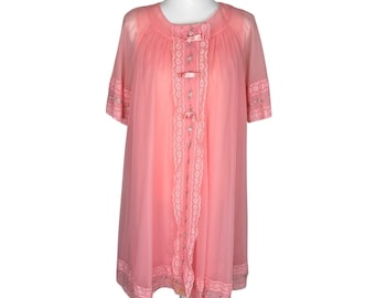 Vintage Shadowline Peignoir Set Pink Floral Lace Embroidered Robe Gown Small