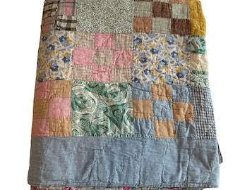 Vintage Handmade Nine Patch Quilt Multi-Color Depression Era Primitive  70x83