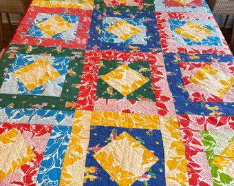 Édredon en patchwork fait main vintage, couleurs primaires, carré style années 30, 73 x 86