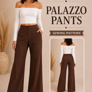 May include: A sewing pattern for palazzo pants by Rosebeautycustom. The image displays brown wide-leg pants with a high waist and side pockets, shown from front and back views. The text reads Rosebeautycustom, PALAZZO PANTS, SEWING PATTERN, LADIES SIZE 00 TO 32.