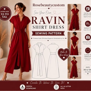 May include: A digital sewing pattern for a Ravin shirt dress by Rosebeautycustom. The design features a deep red midi-length dress with a collar, short sleeves, and a tie-waist belt. Includes technical line drawings, step-by-step instructions, and size range from XS to 5XL for A4 and US letter printing.