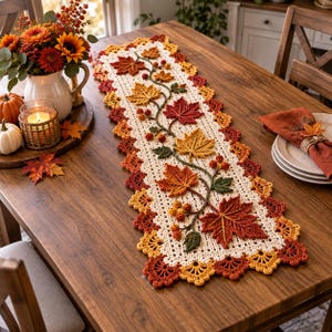 May include: A rectangular crochet table runner featuring an off-white base with a scalloped border in shades of yellow, orange, and red. The center is decorated with a winding vine pattern of crocheted maple leaves and small berries in autumn colors.