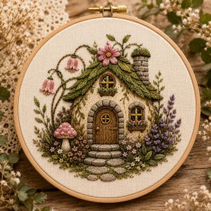 May include: A circular embroidery hoop containing a detailed needlework scene of a small cottage with a stone door, a chimney, and a thatched roof. The house is surrounded by embroidered pink flowers, a spotted mushroom, and purple lavender.
