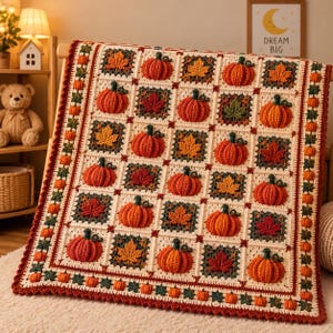 May include: A crochet blanket featuring a grid pattern of alternating squares with three-dimensional orange pumpkins and autumn leaves in shades of red, orange, and yellow. The border is decorated with small orange pumpkins and green leaves.