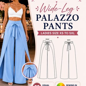 May include: A digital sewing pattern for wide-leg palazzo pants by Rosebeautycustom. The graphic features a light blue pair of pants with a front tie, a white crop top, and technical line drawings showing front and back views with sizing XS to 5XL.
