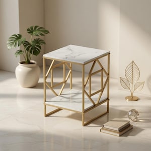 May include: A modern side table with a white marble top and a gold geometric frame. The table has a lower shelf and measures approximately 20 inches (50 cm) square and 24 inches (61 cm) high. The design is minimalist and elegant.