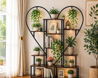 6-Tier Heart Shape Plant Stand Set | Metal Ladder Shelf, Rustic Garden Decor
