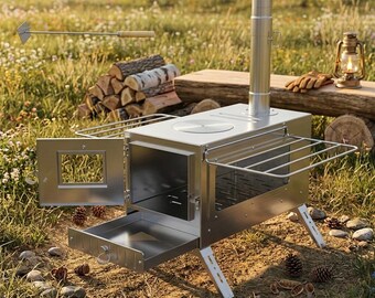 Portable Stainless Steel Wood Burning Tent Stove, Outdoor Hiking Heater Kit