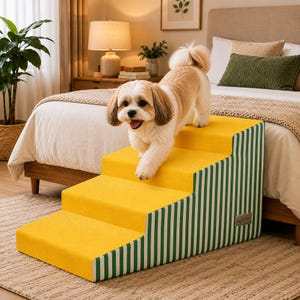 May include: A four-step pet staircase featuring bright yellow textured treads and vertical green and white striped sides. The structure is rectangular with a small rectangular label on the side panel. A small dog is standing on the top step.