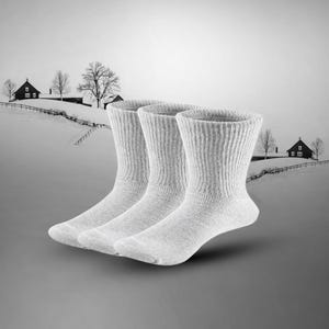May include: Three pairs of light gray, ribbed-knit socks. The socks are displayed against a winter landscape backdrop with snow-covered hills, trees, and small houses. The socks are made of a soft, textured material.