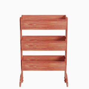 May include: A three-tiered, reddish-brown wooden plant stand. Each tier is a rectangular box, open at the top, supported by a frame with legs. The wood grain is visible, adding texture. The stand is designed for displaying plants.